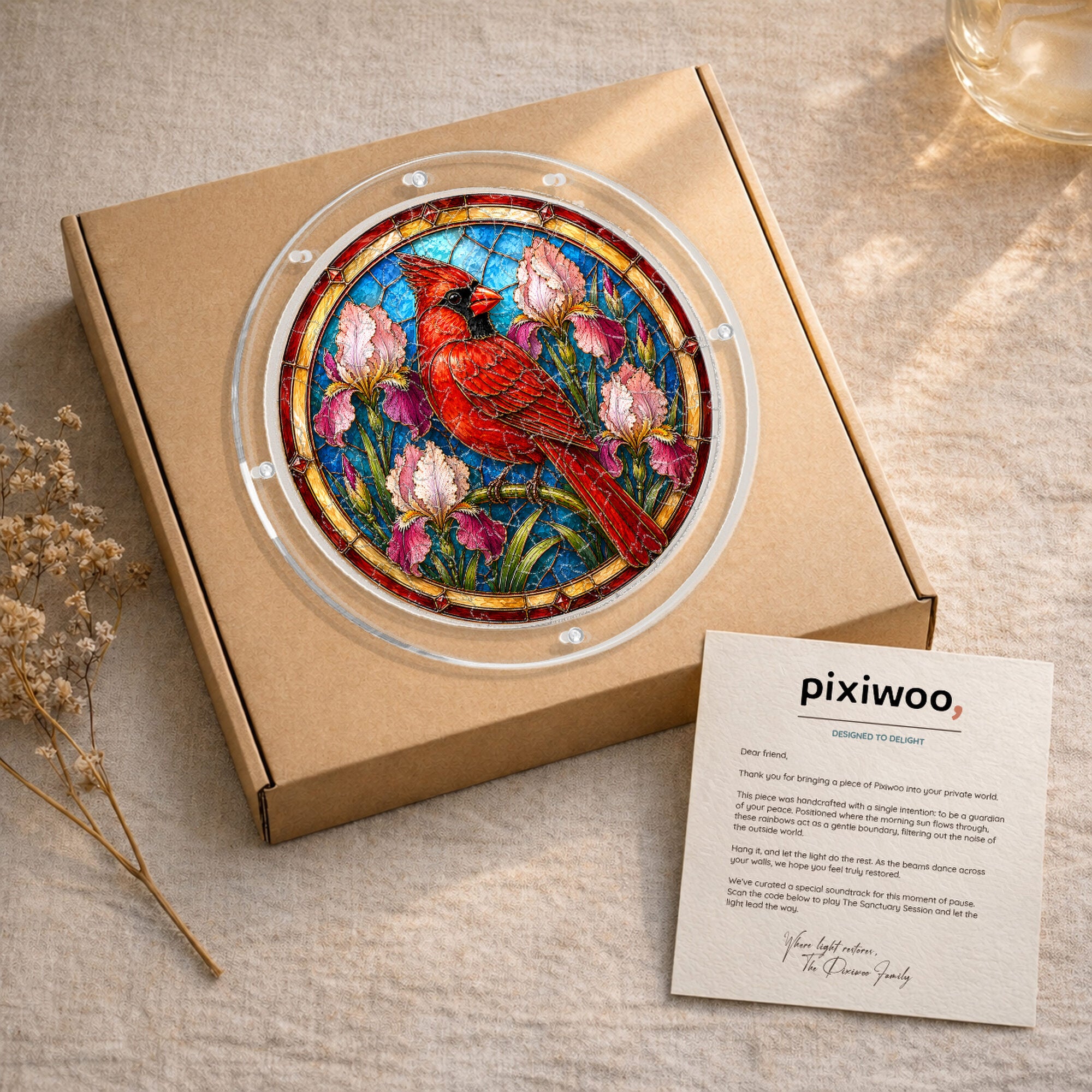 Red cardinal acrylic puzzle suncatcher, colorful DIY stained-glass-style window decor