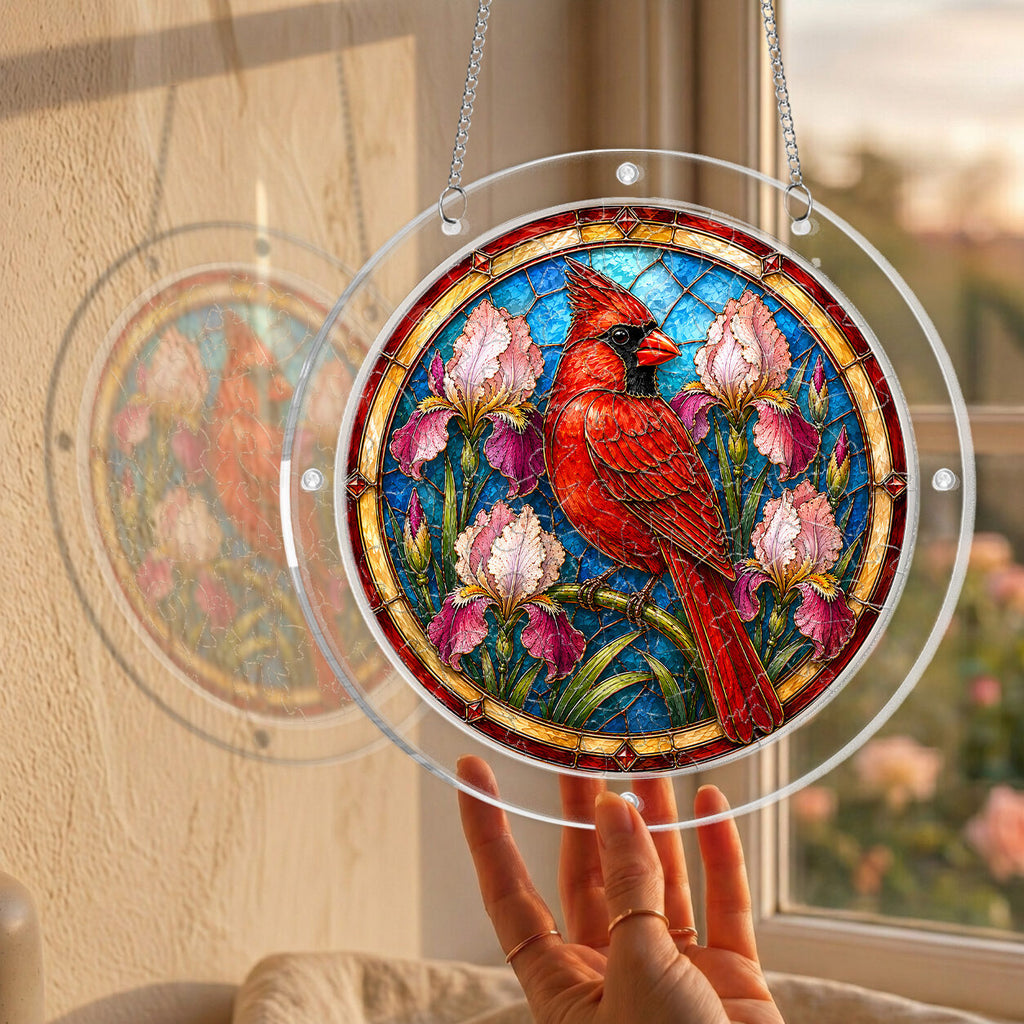 Red cardinal acrylic puzzle suncatcher, colorful DIY stained-glass-style window decor