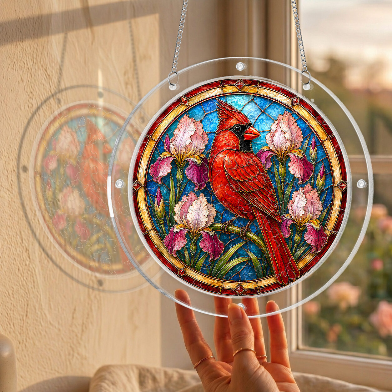 Red cardinal acrylic puzzle suncatcher, colorful DIY stained-glass-style window decor