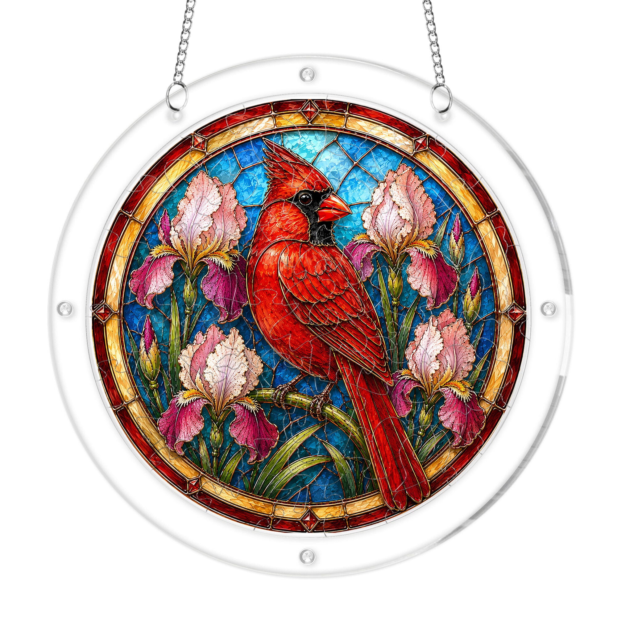 Red cardinal acrylic puzzle suncatcher, colorful DIY stained-glass-style window decor