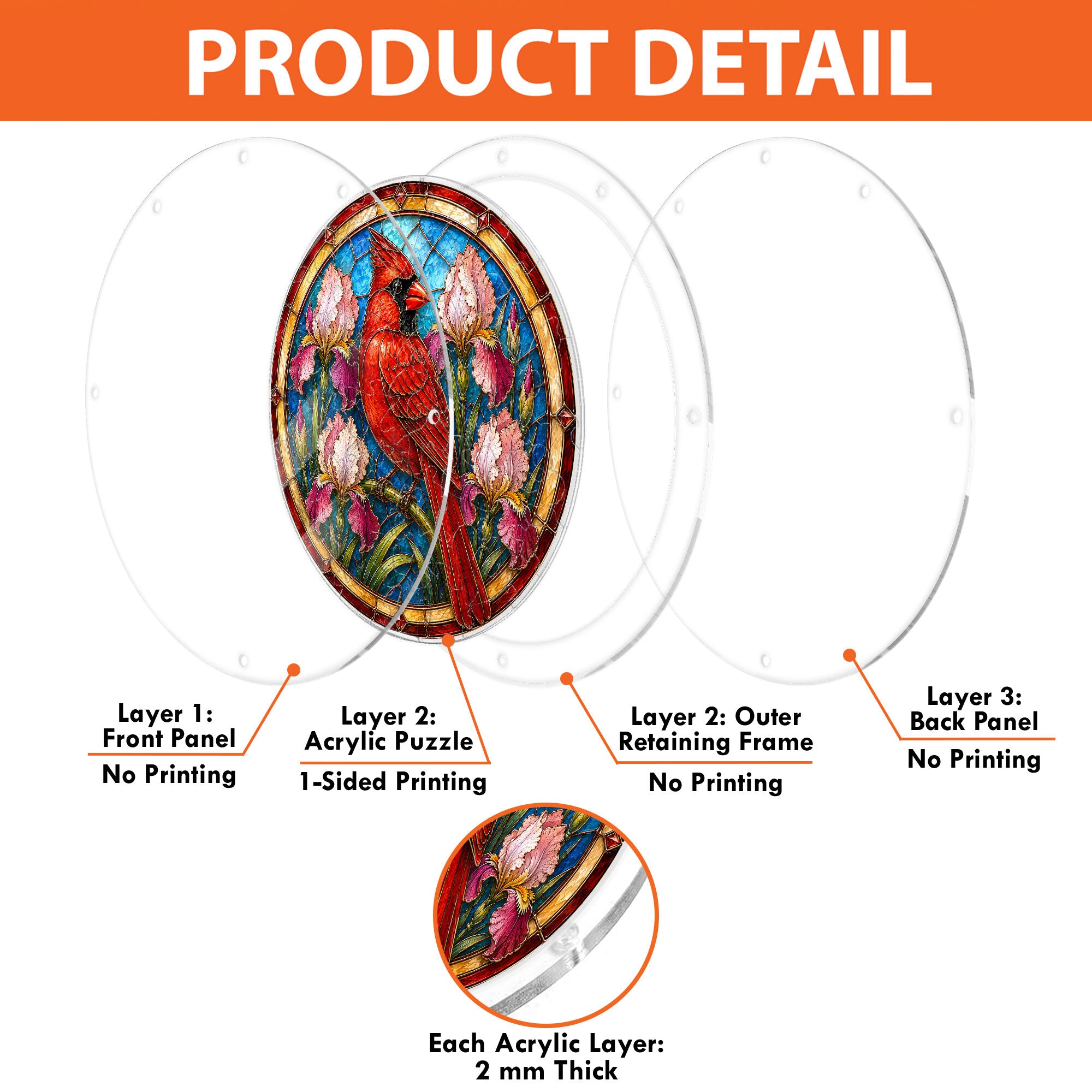Red cardinal acrylic puzzle suncatcher, colorful DIY stained-glass-style window decor