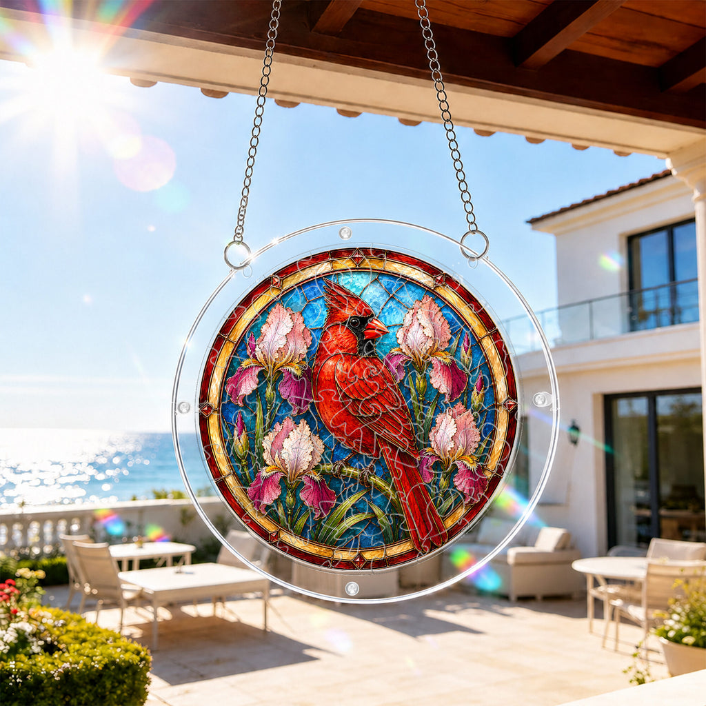 Red cardinal acrylic puzzle suncatcher, colorful DIY stained-glass-style window decor