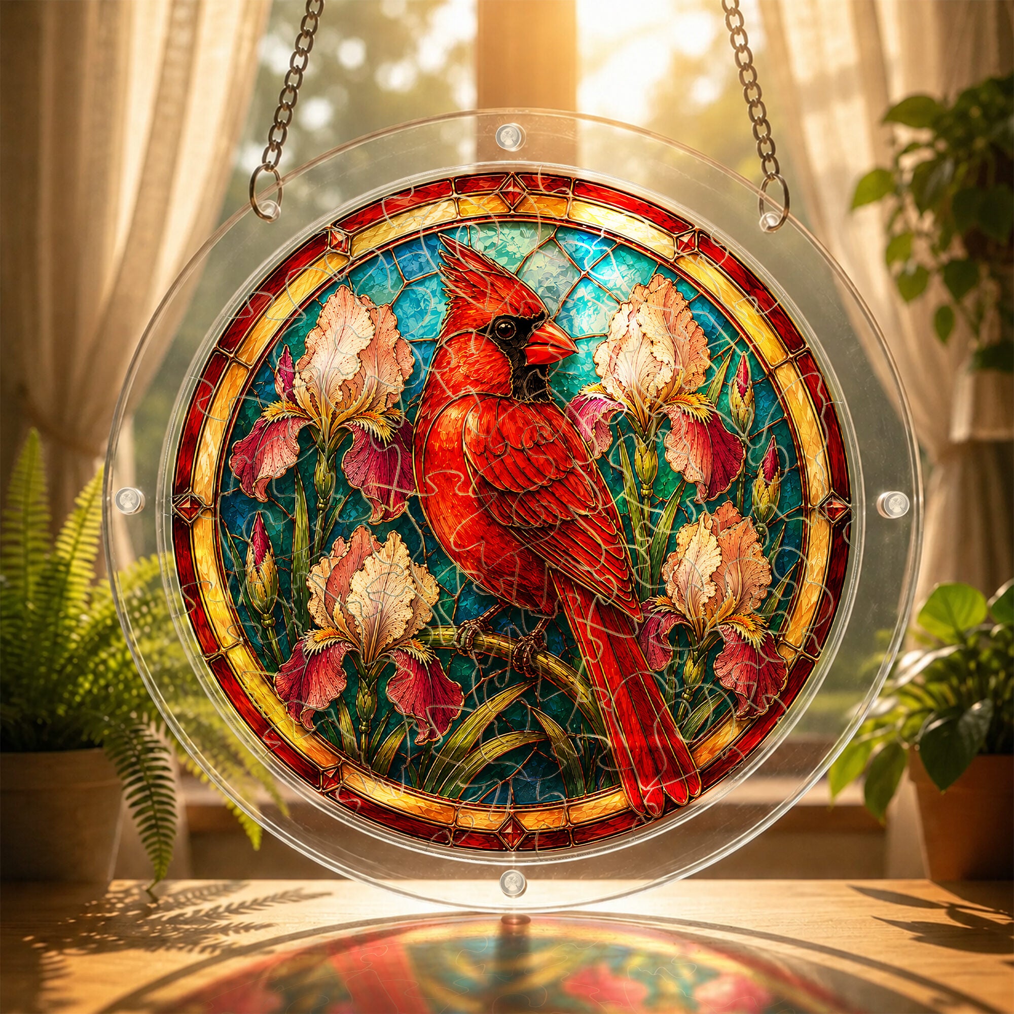 Red cardinal acrylic puzzle suncatcher, colorful DIY stained-glass-style window decor
