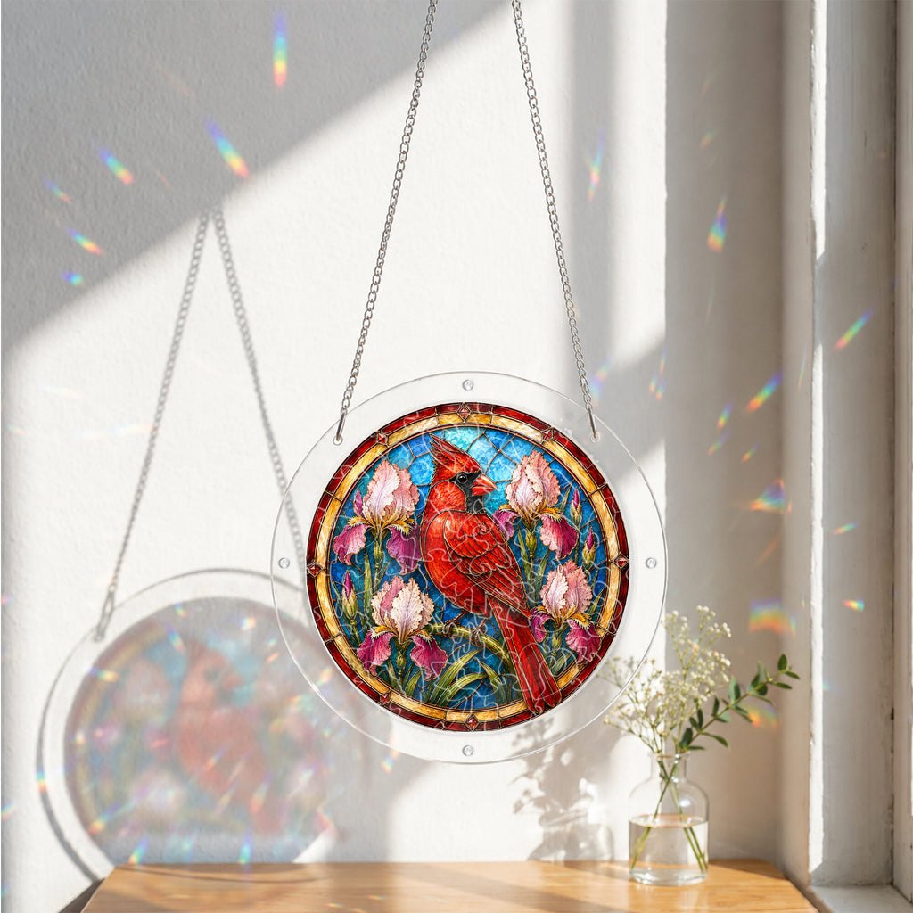 Red cardinal acrylic puzzle suncatcher, colorful DIY stained-glass-style window decor