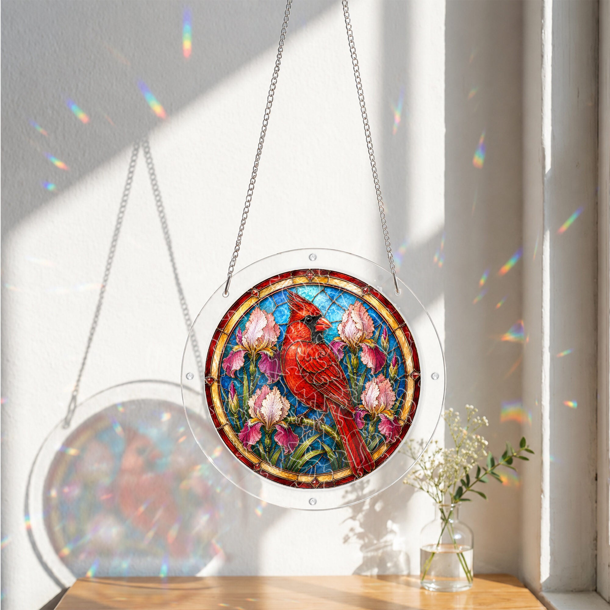 Red cardinal acrylic puzzle suncatcher, colorful DIY stained-glass-style window decor