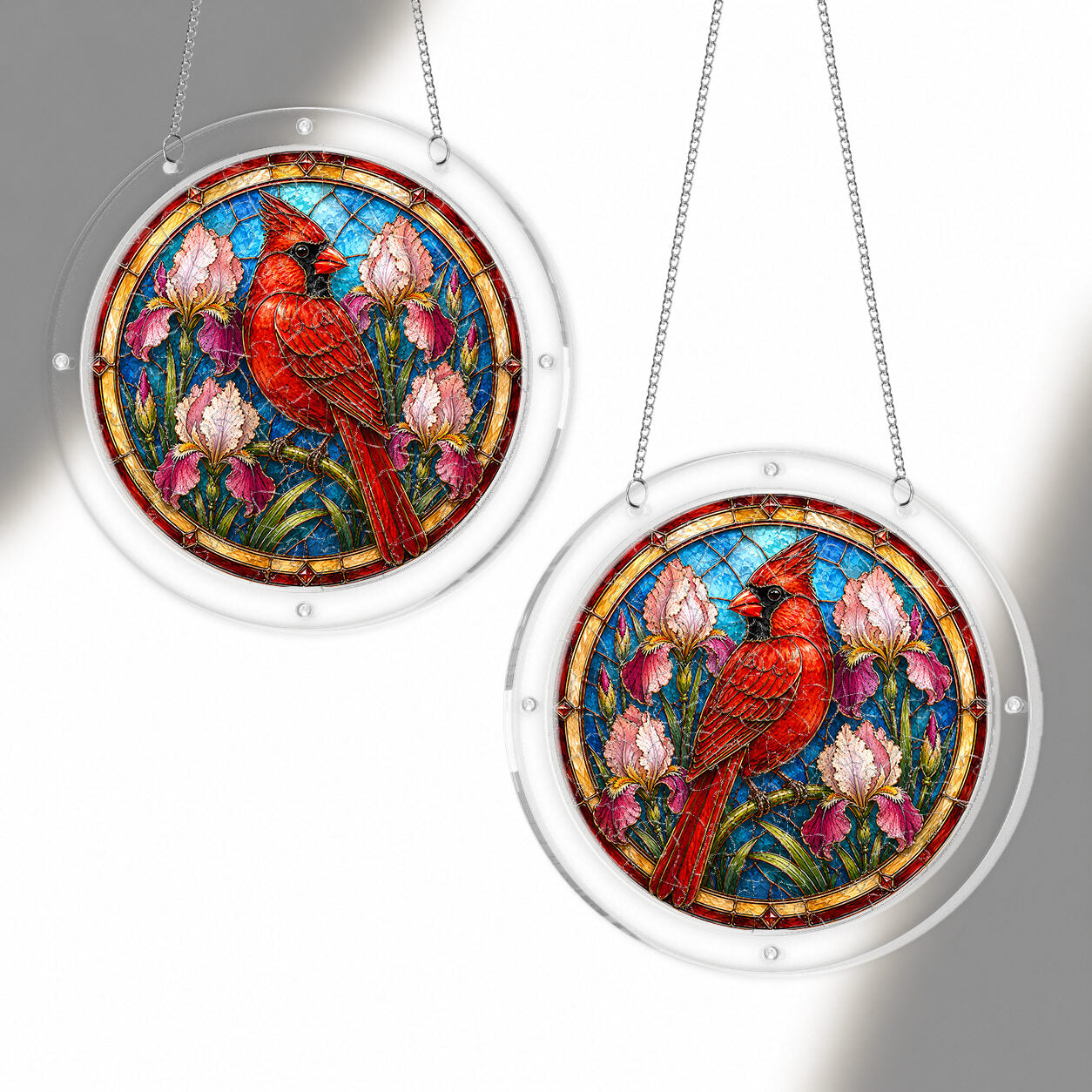 Red cardinal acrylic puzzle suncatcher, colorful DIY stained-glass-style window decor