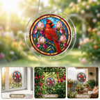 Red cardinal acrylic puzzle suncatcher, colorful DIY stained-glass-style window decor