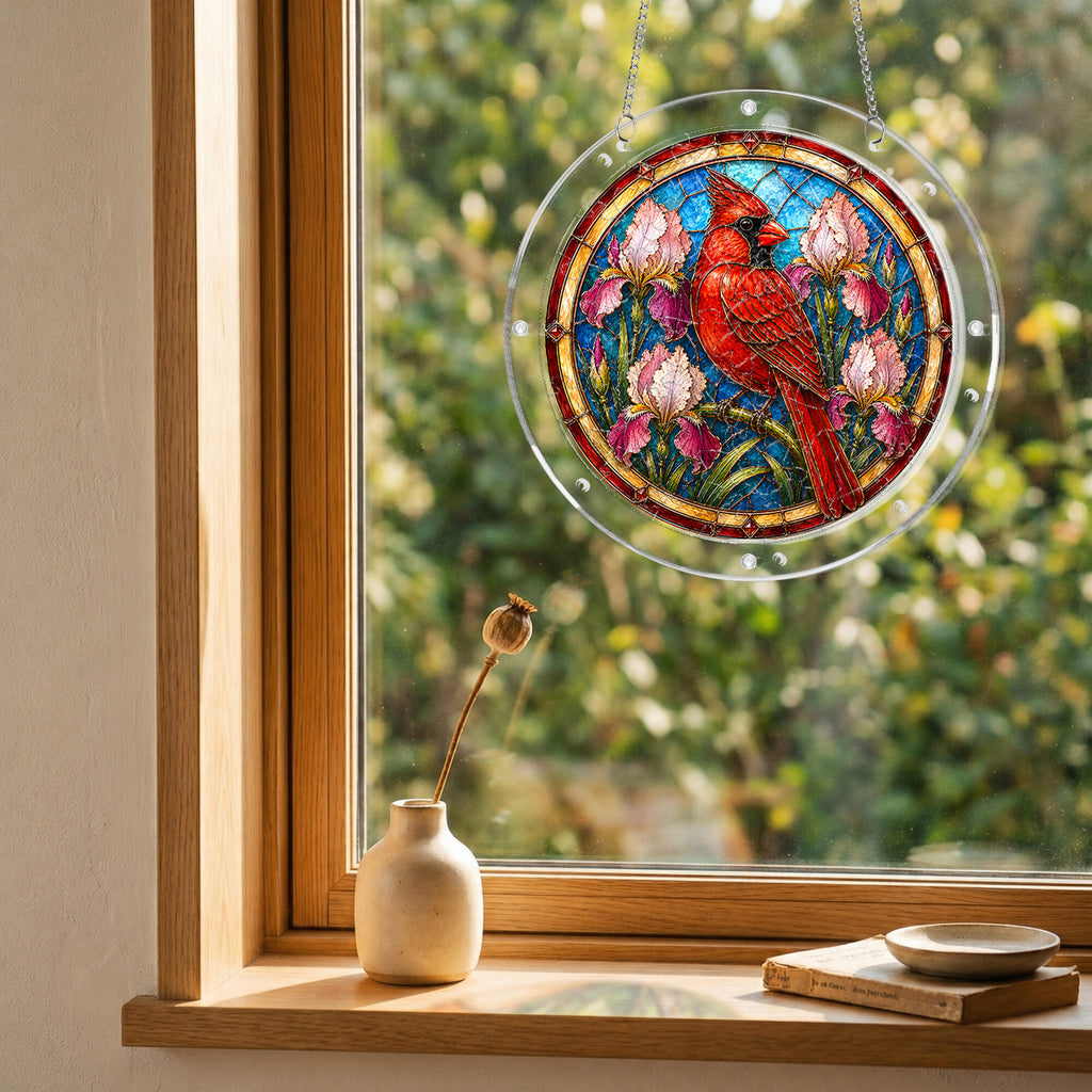 Red cardinal acrylic puzzle suncatcher, colorful DIY stained-glass-style window decor