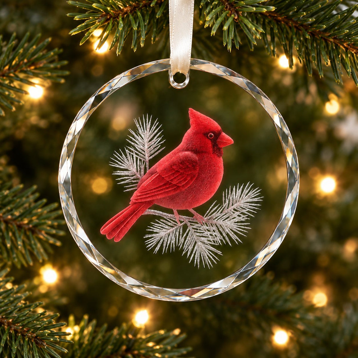 Red Cardinal Frosted Pine Glass Christmas Ornament