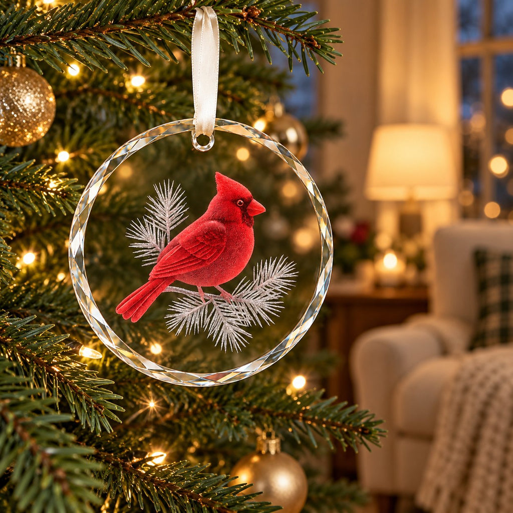 Red Cardinal Frosted Pine Glass Christmas Ornament