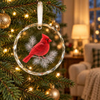 Red Cardinal Frosted Pine Glass Christmas Ornament