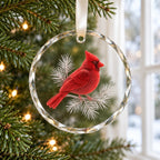 Red Cardinal Frosted Pine Glass Christmas Ornament