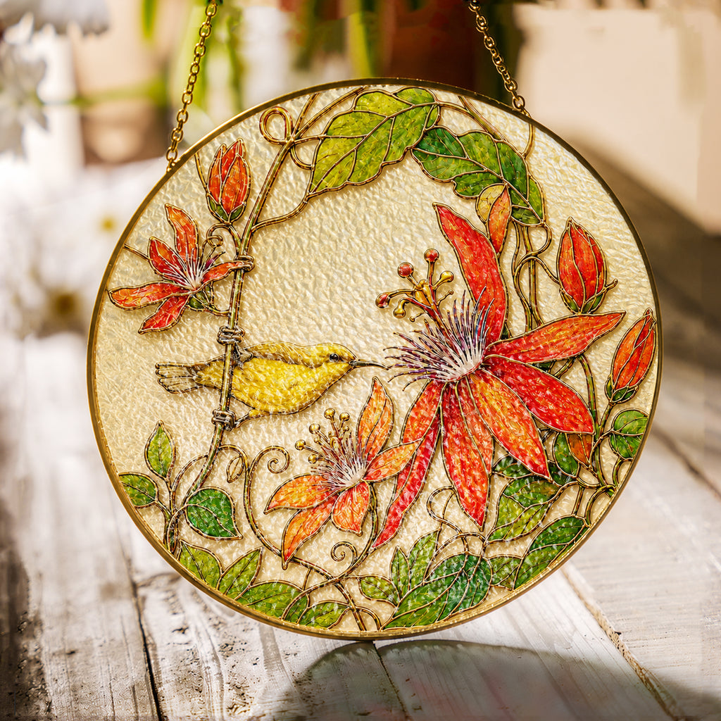 Red Clematis & Bird Stained Glass Suncatcher with gold frame on a white background