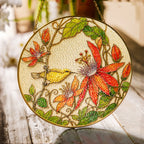 Red Clematis & Bird Stained Glass Suncatcher with gold frame on a white background