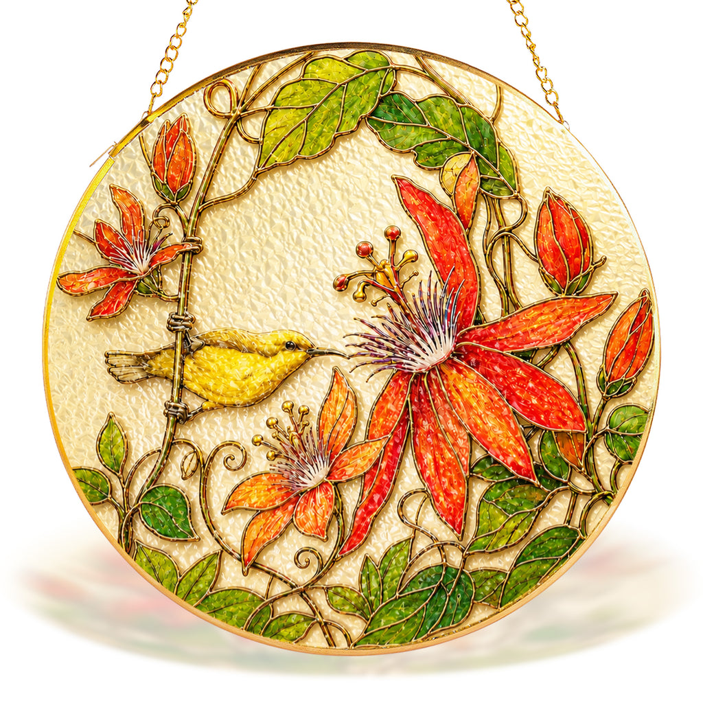 Red clematis and yellow bird gold frame suncatcher in a sunny window