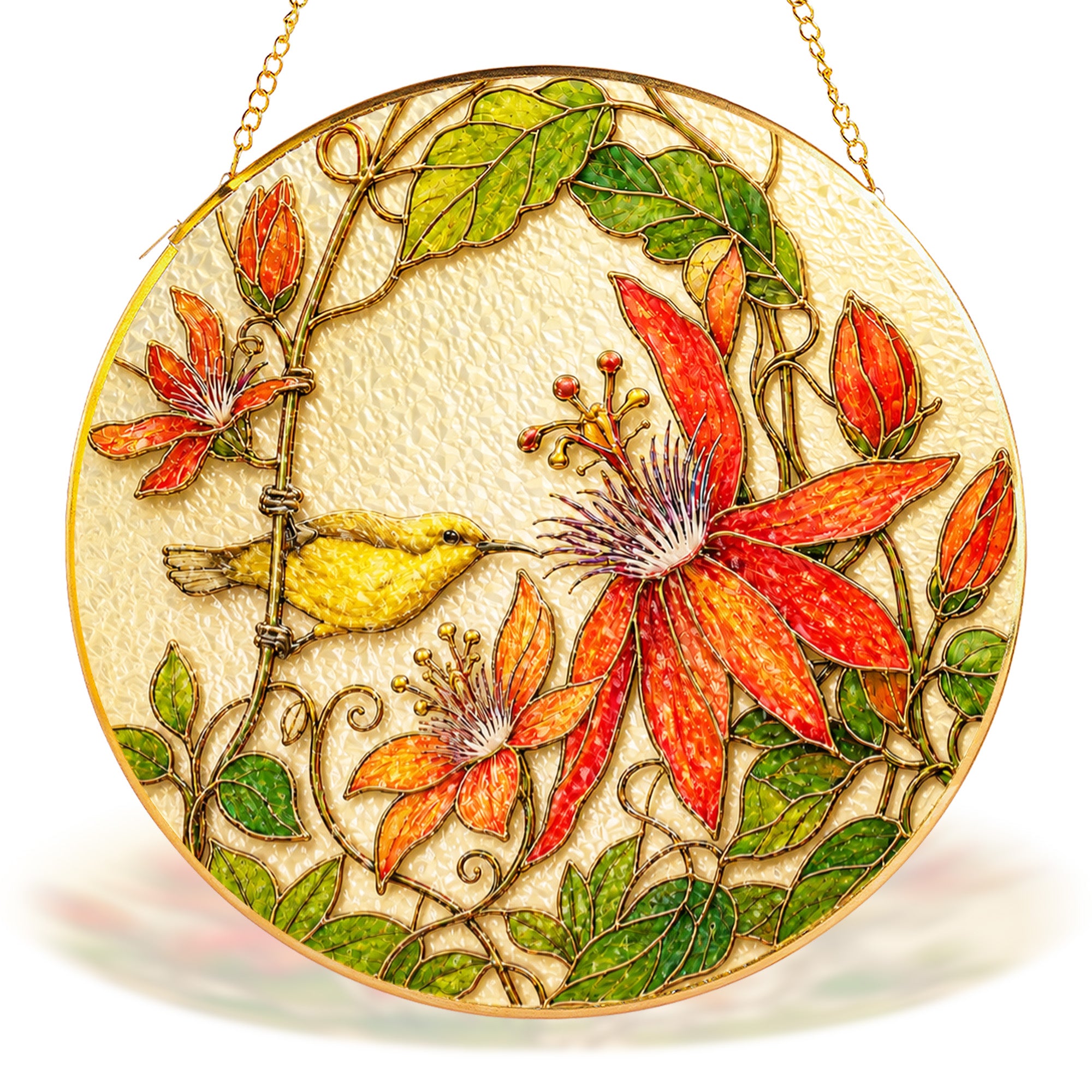 Red clematis and yellow bird gold frame suncatcher in a sunny window