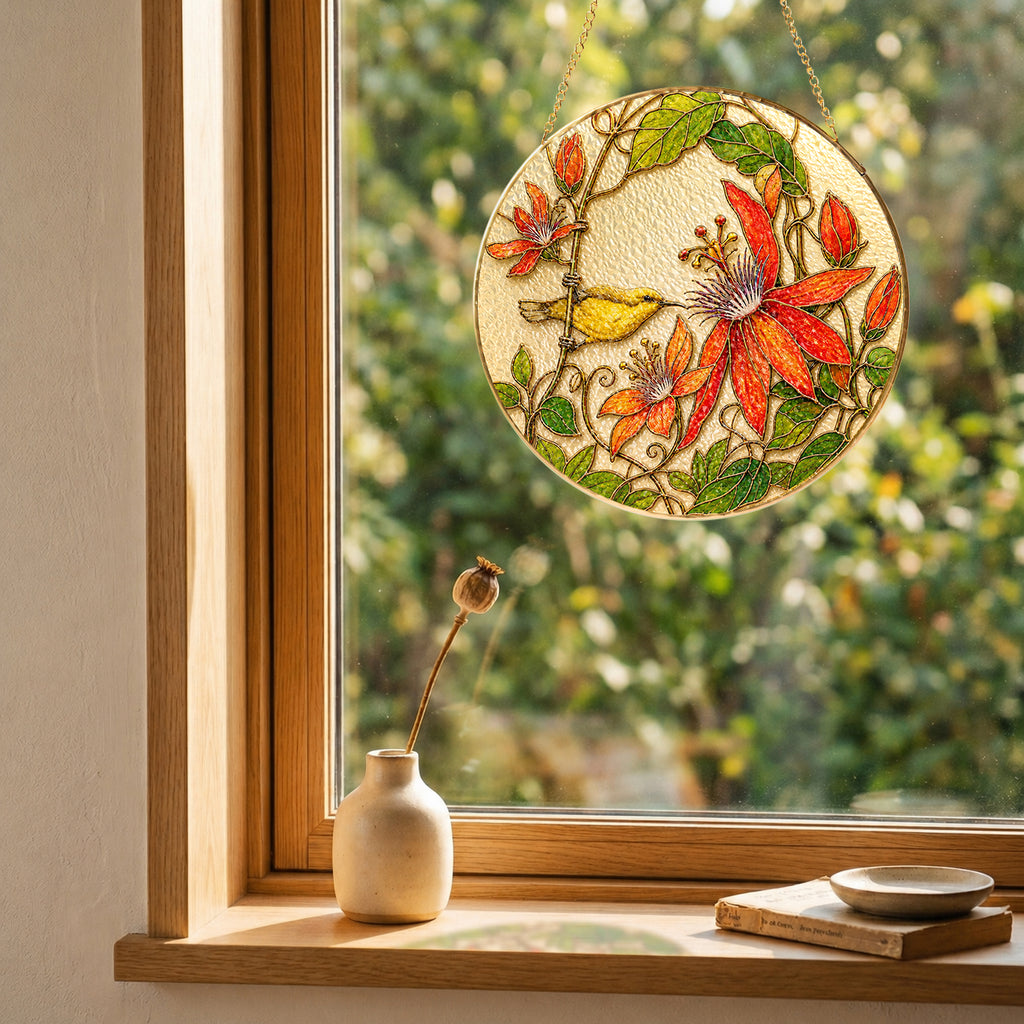 Red clematis bird suncatcher in a bright window
