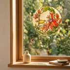 Red clematis bird suncatcher in a bright window