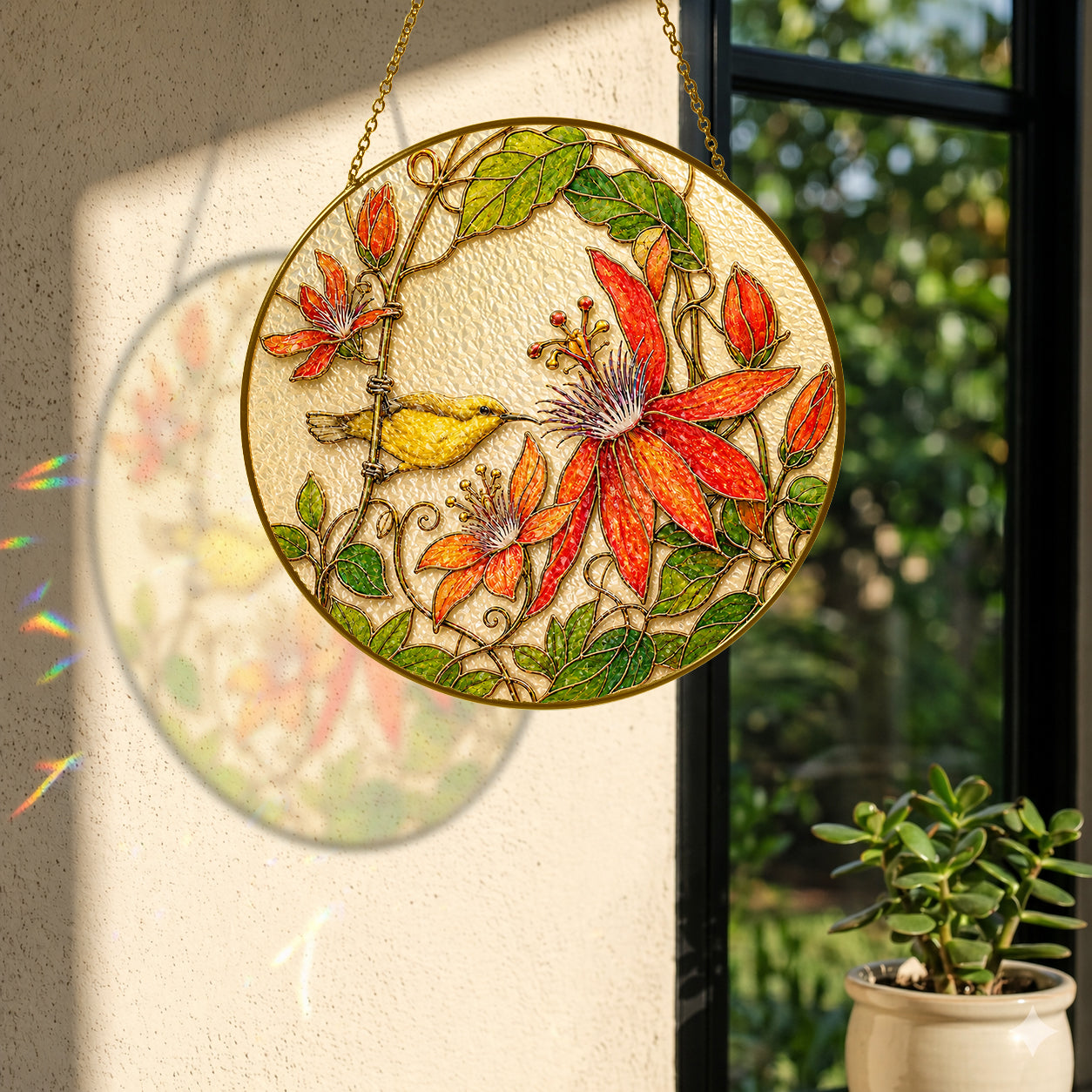 Red clematis bird suncatcher with colorful light reflection