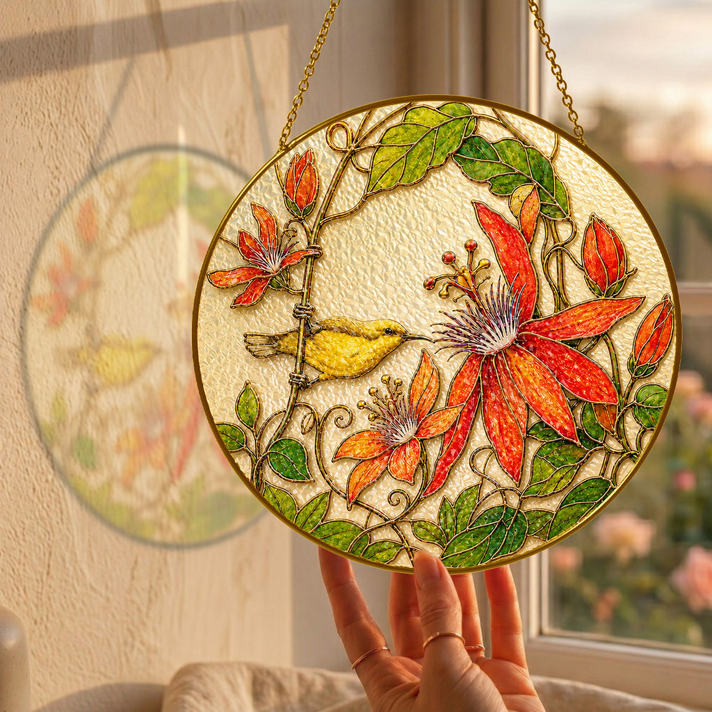 Red clematis bird suncatcher size chart with 3.5, 4, 6, 7.8, 9.8, and 11.8 inch options