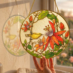 Red clematis bird suncatcher size chart with 3.5, 4, 6, 7.8, 9.8, and 11.8 inch options