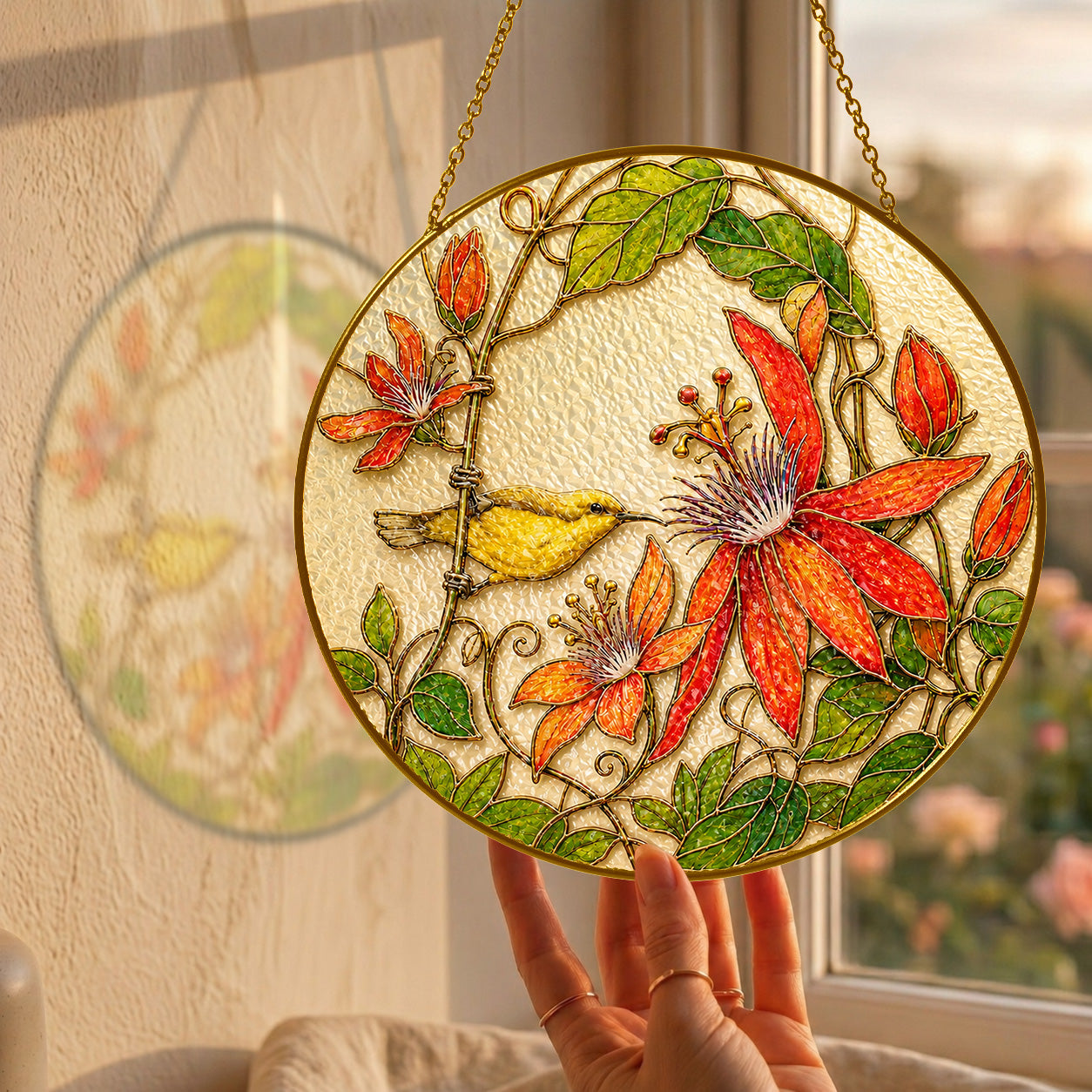 Red clematis bird suncatcher size chart with 3.5, 4, 6, 7.8, 9.8, and 11.8 inch options