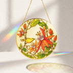 Red clematis bird suncatcher with gold chain and suction cup