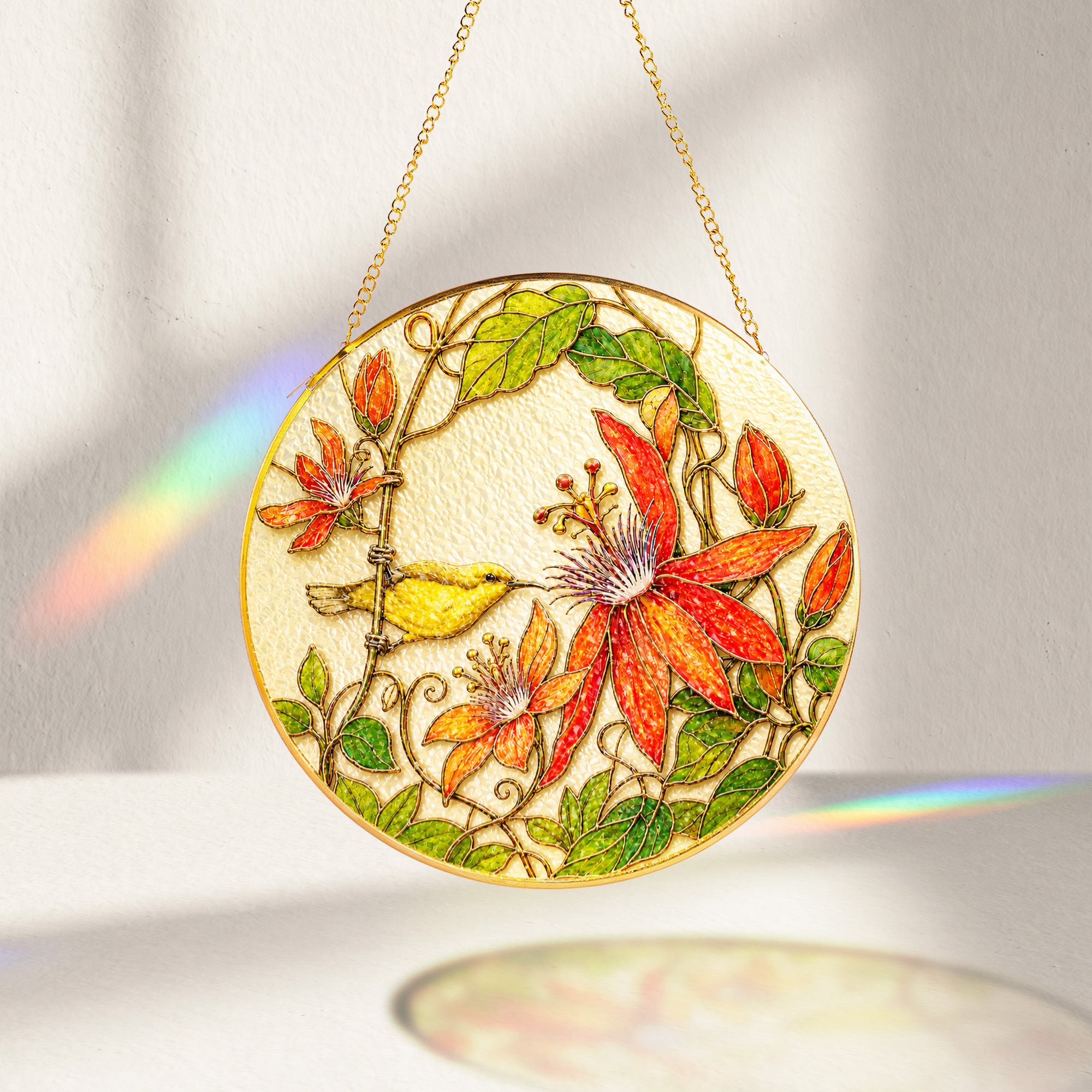 Red clematis bird suncatcher with gold chain and suction cup