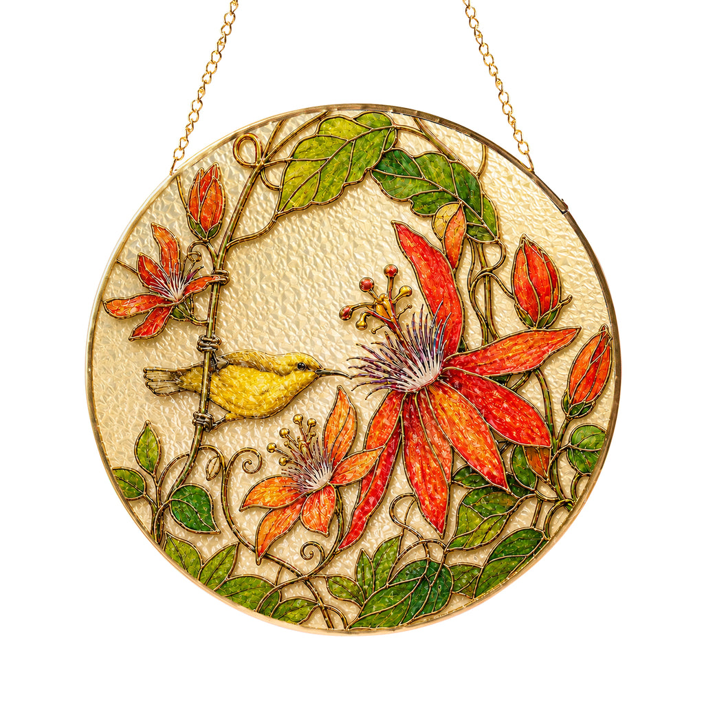 Red clematis bird gold frame suncatcher product view