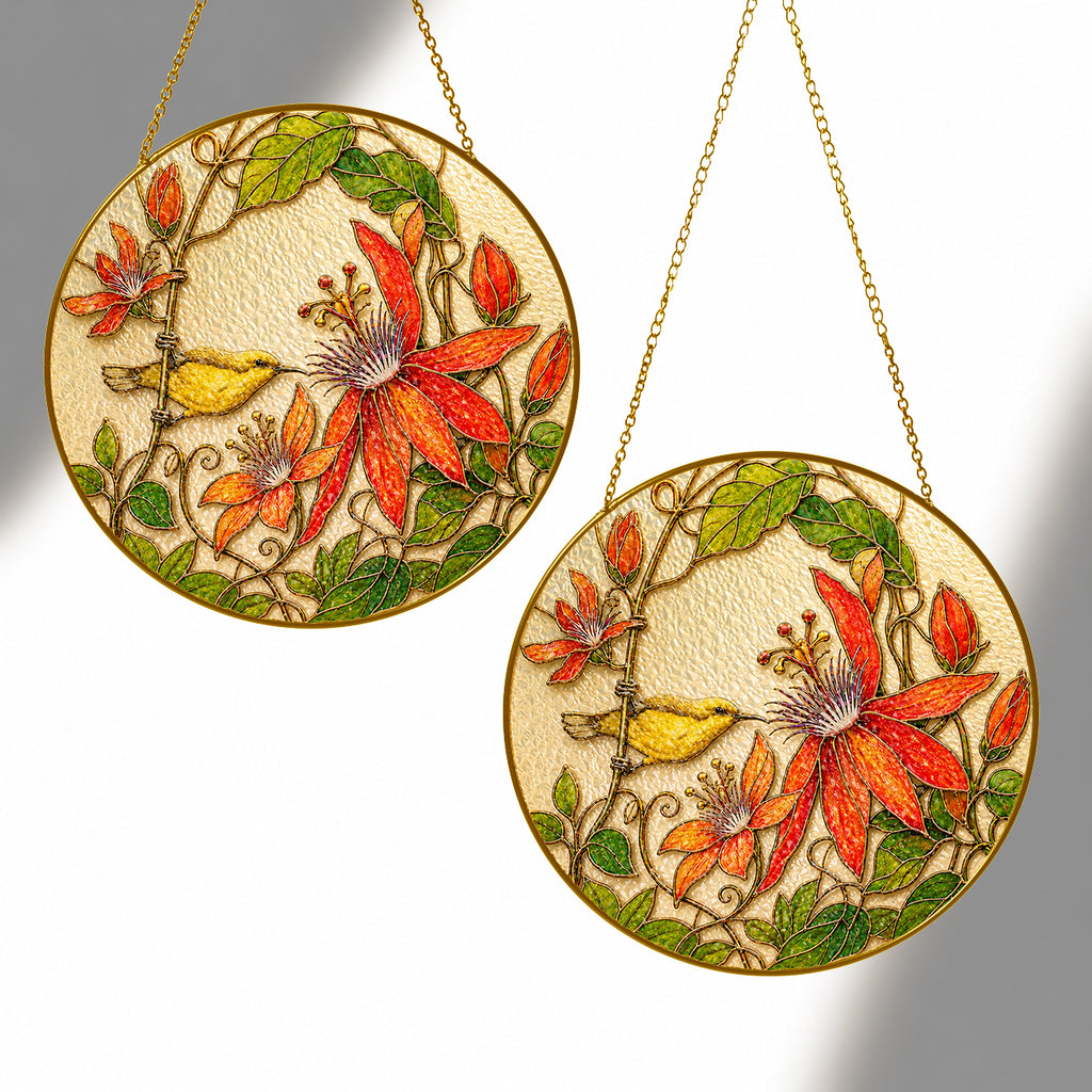 Red clematis bird suncatcher shown in two sizes