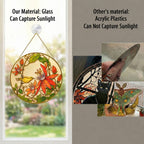 Real glass clematis suncatcher compared with acrylic, glass captures sunlight