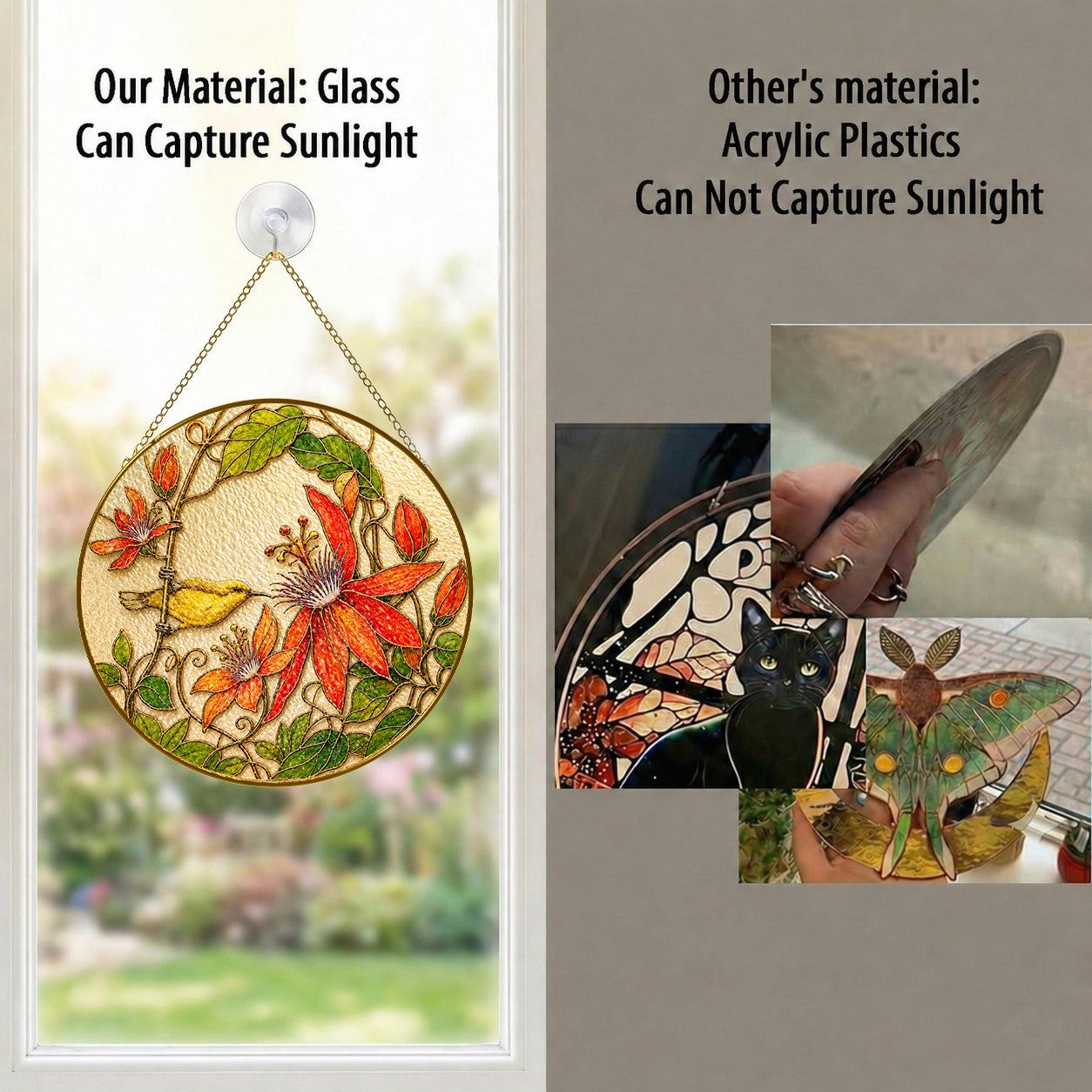 Real glass clematis suncatcher compared with acrylic, glass captures sunlight
