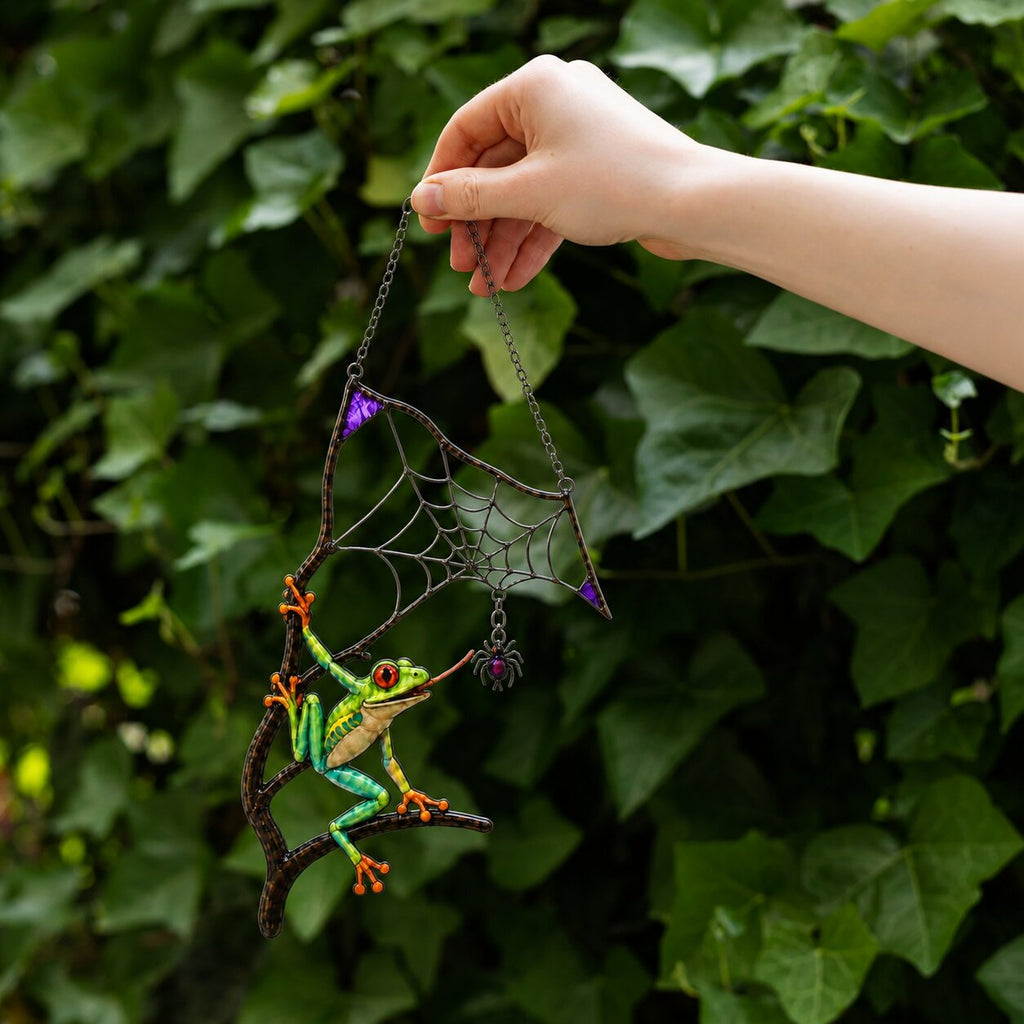 Red-Eyed Tree Frog & Spider Web Holographic Acrylic Suncatcher