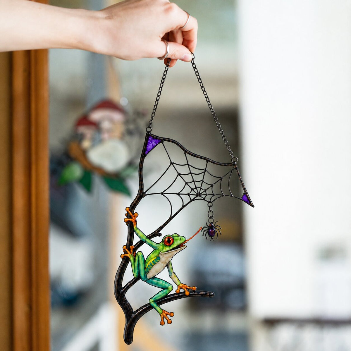Red-Eyed Tree Frog & Spider Web Holographic Acrylic Suncatcher