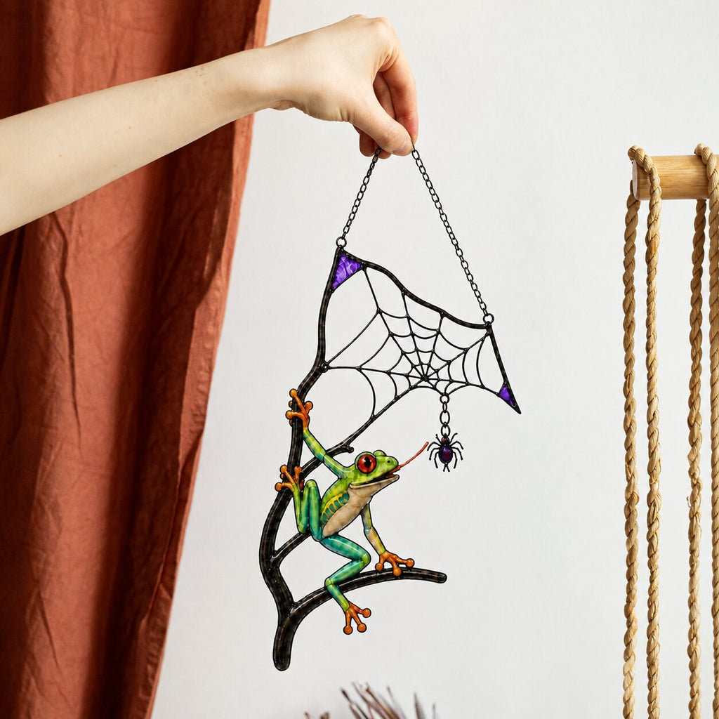 Red-Eyed Tree Frog & Spider Web Holographic Acrylic Suncatcher