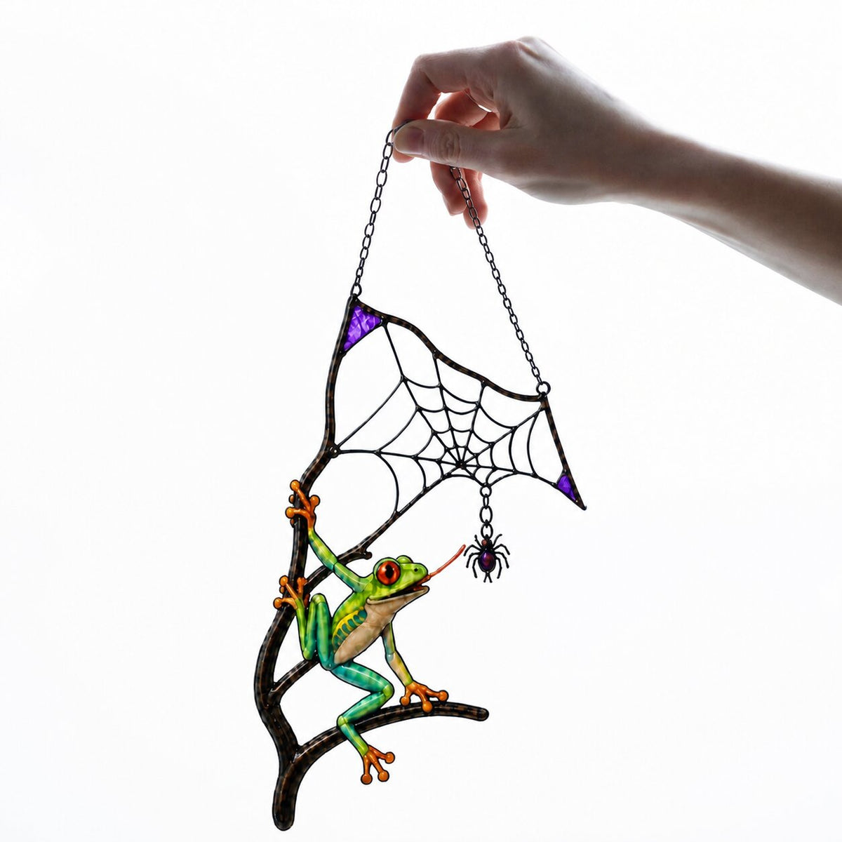 Red-Eyed Tree Frog & Spider Web Holographic Acrylic Suncatcher