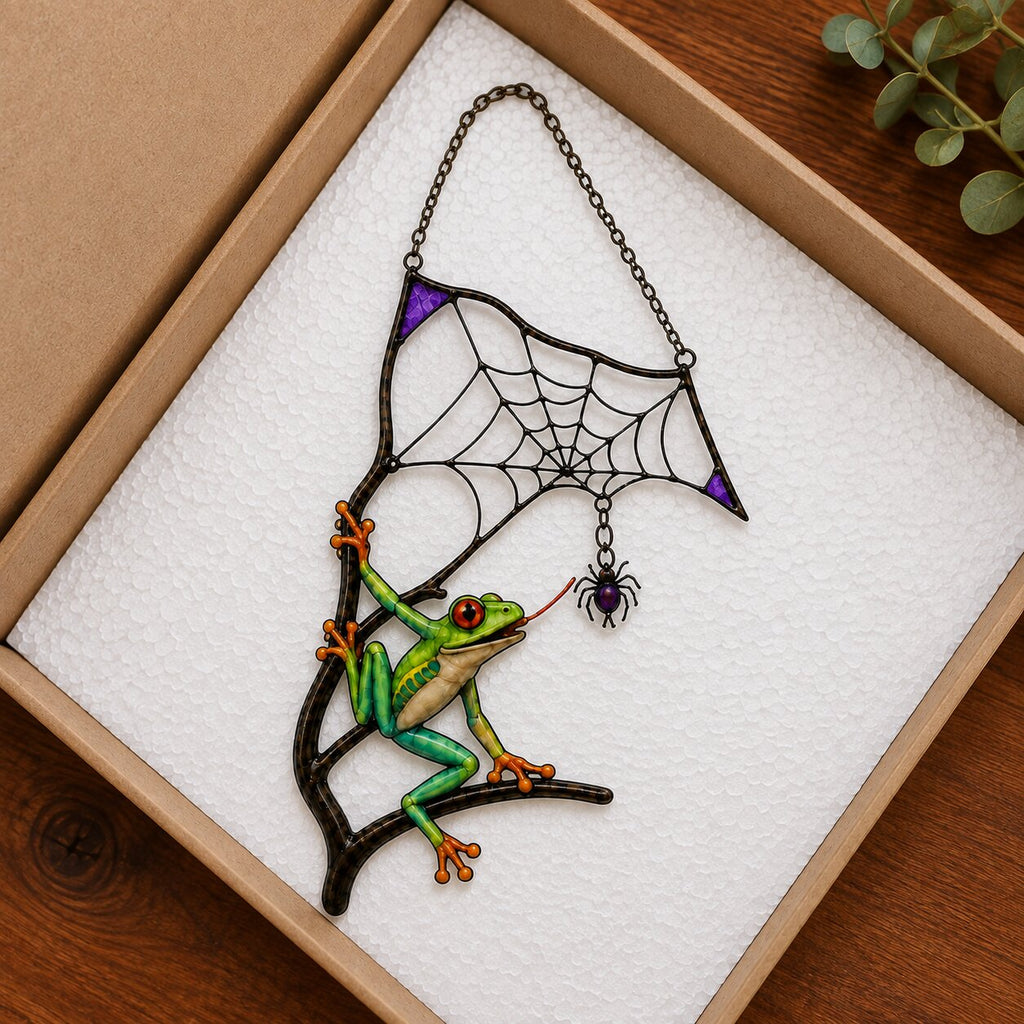 Red-Eyed Tree Frog & Spider Web Holographic Acrylic Suncatcher
