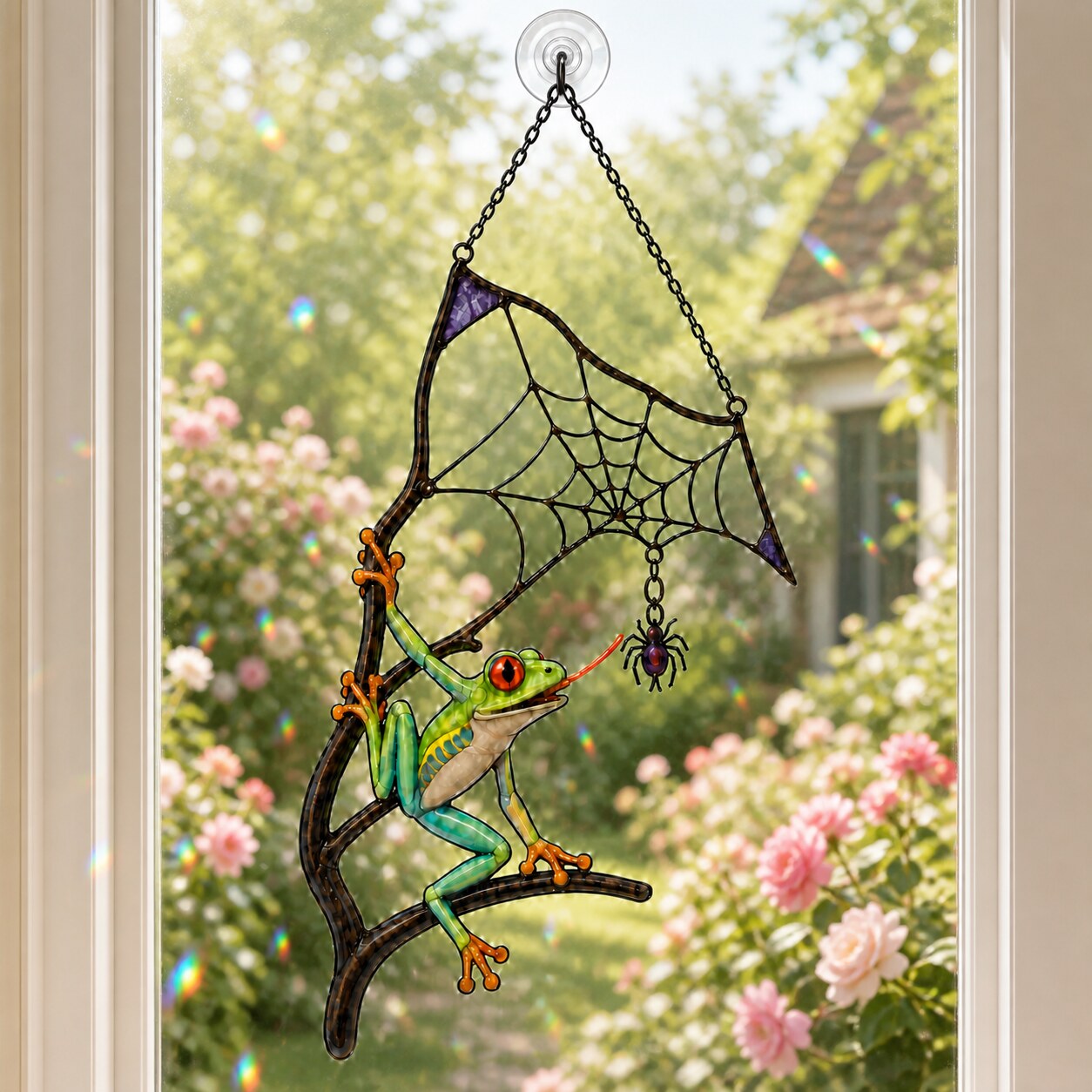 Red-Eyed Tree Frog & Spider Web Holographic Acrylic Suncatcher