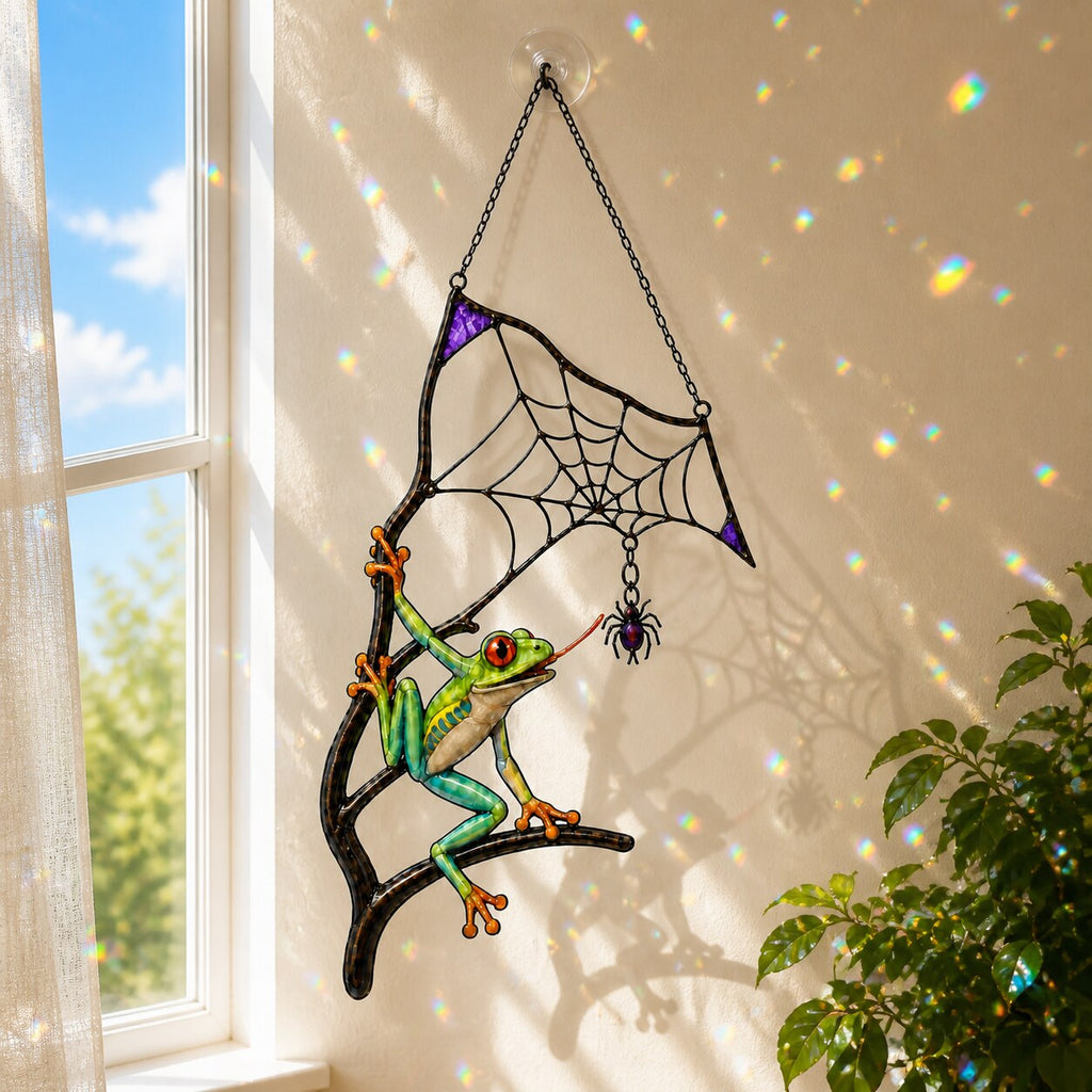 Red-Eyed Tree Frog & Spider Web Holographic Acrylic Suncatcher
