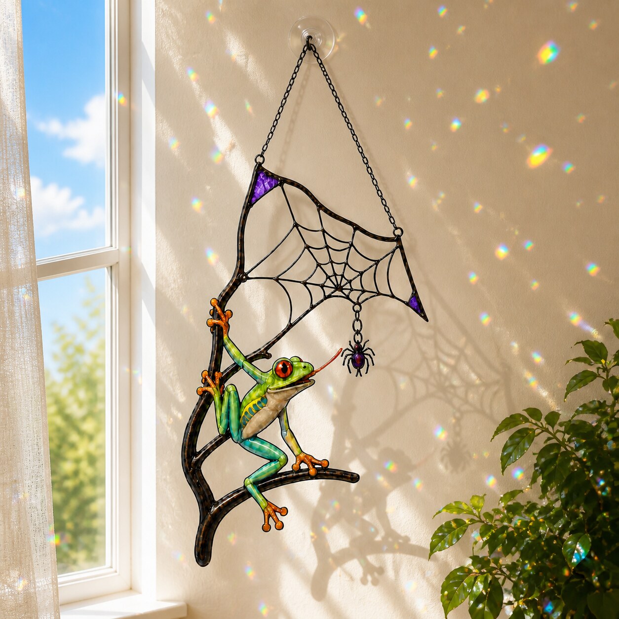Red-Eyed Tree Frog & Spider Web Holographic Acrylic Suncatcher