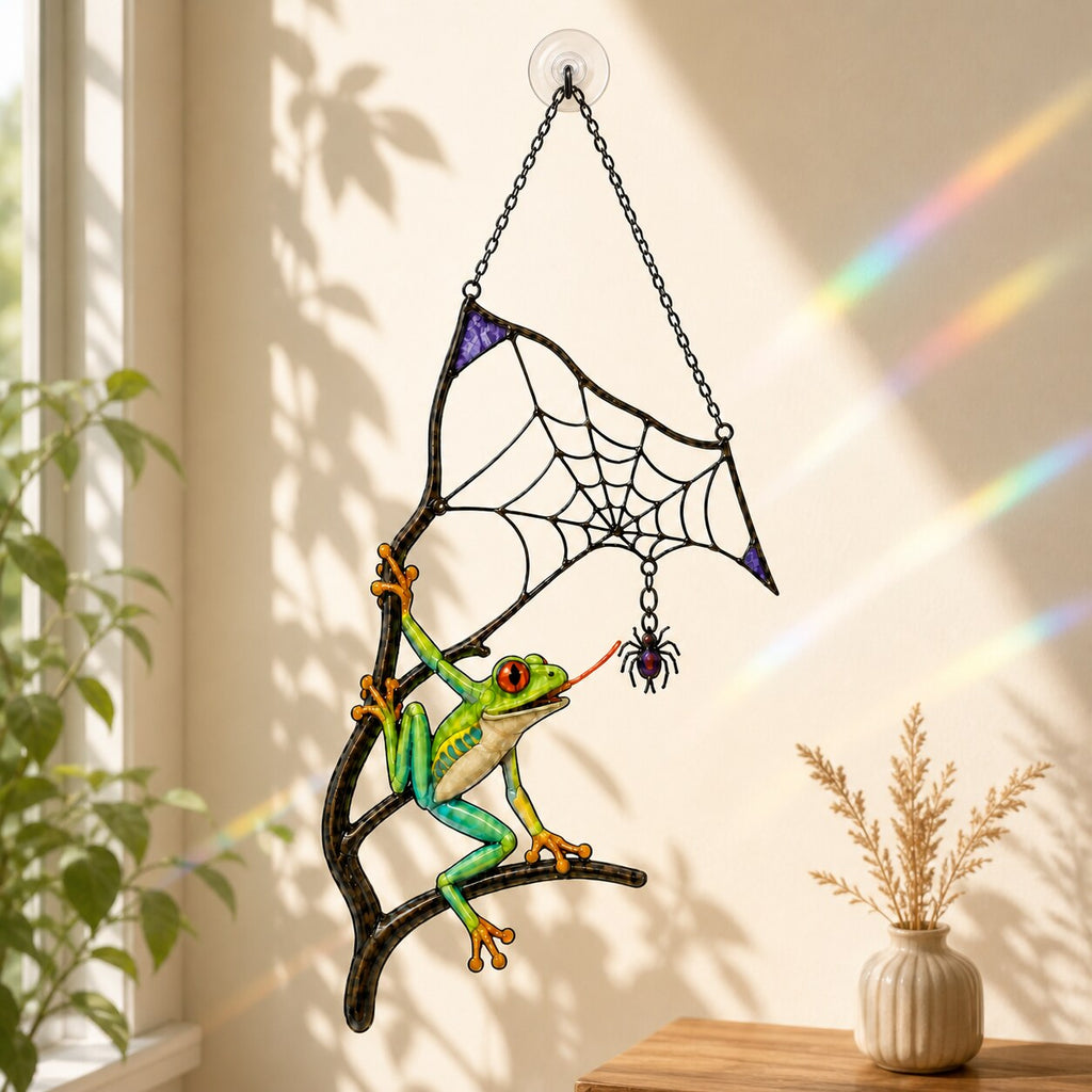 Red-Eyed Tree Frog & Spider Web Holographic Acrylic Suncatcher
