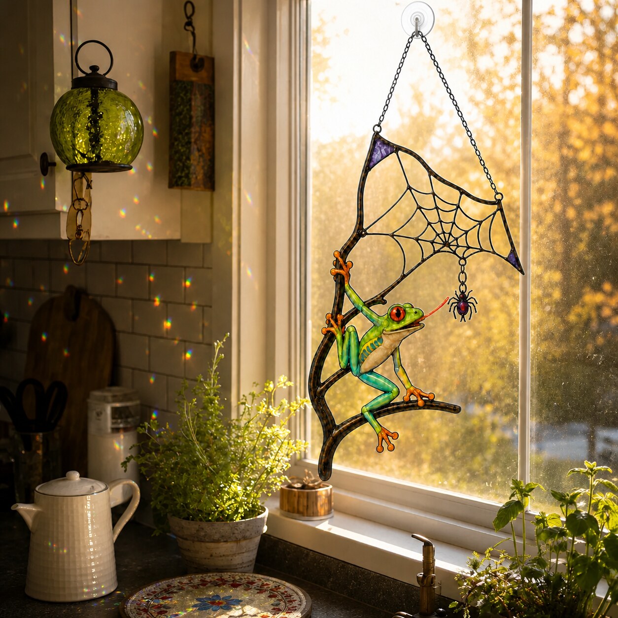 Red-Eyed Tree Frog & Spider Web Holographic Acrylic Suncatcher