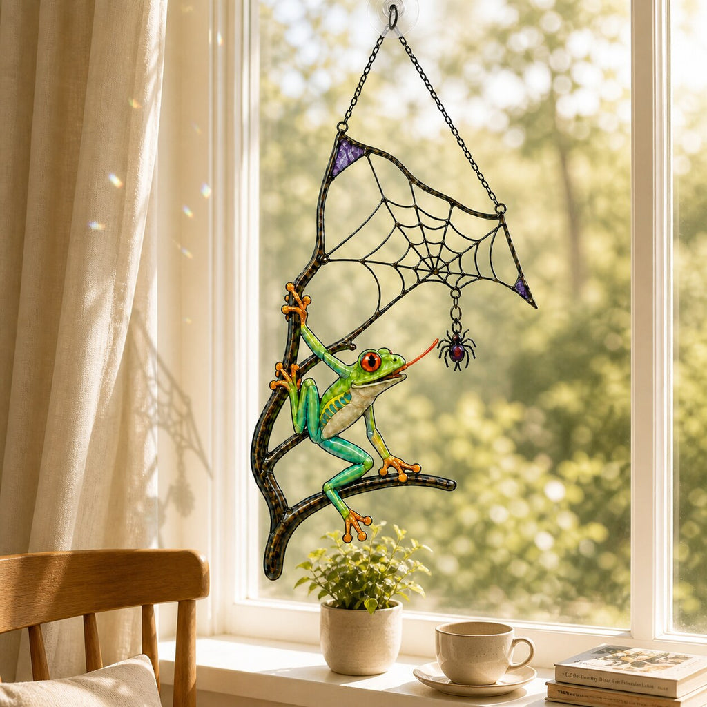 Red-Eyed Tree Frog & Spider Web Holographic Acrylic Suncatcher