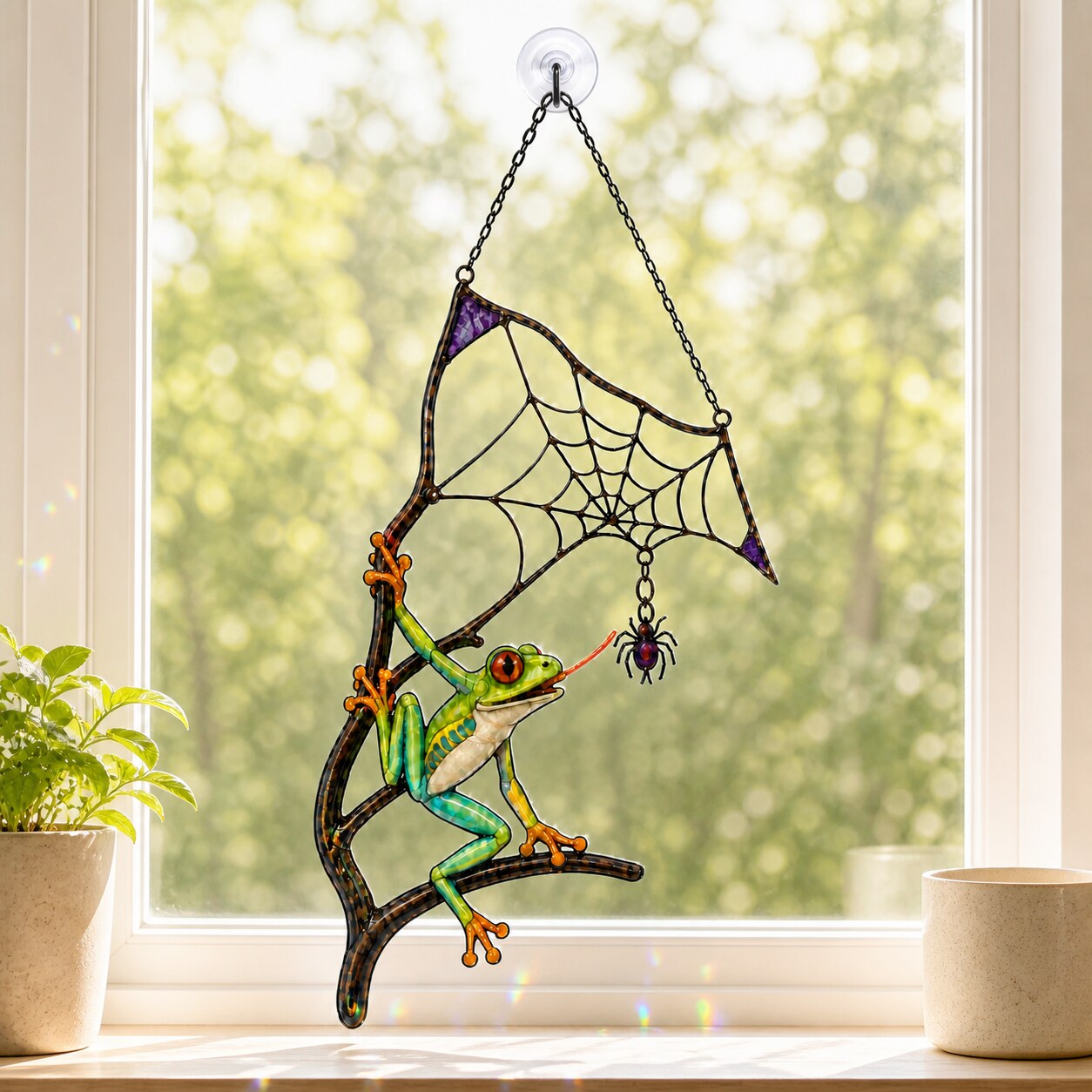 Red-Eyed Tree Frog & Spider Web Holographic Acrylic Suncatcher