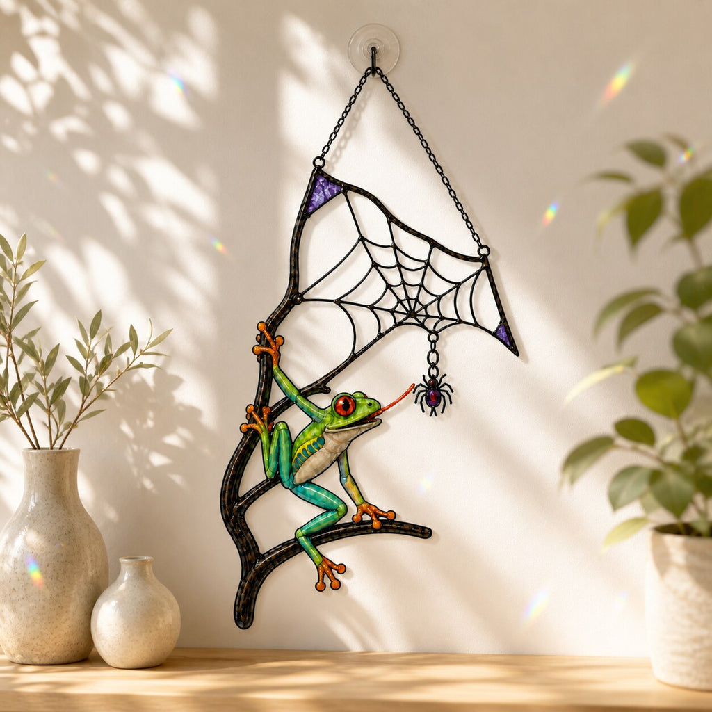 Red-Eyed Tree Frog & Spider Web Holographic Acrylic Suncatcher