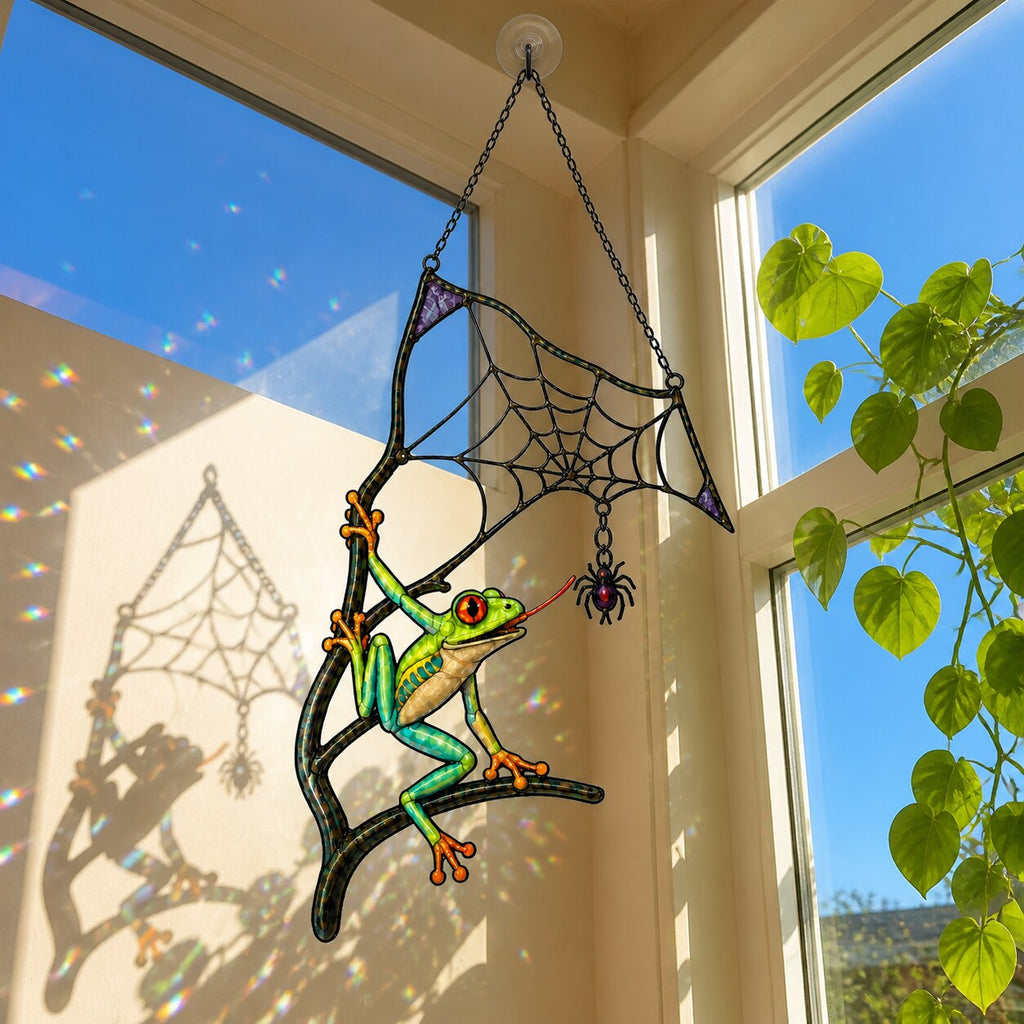 Red-Eyed Tree Frog & Spider Web Holographic Acrylic Suncatcher