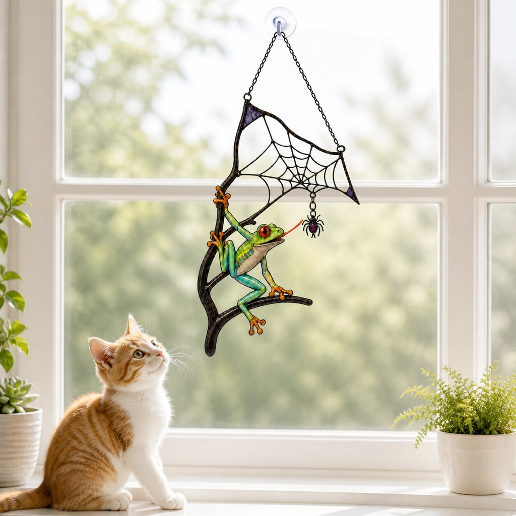 Red-Eyed Tree Frog & Spider Web Holographic Acrylic Suncatcher