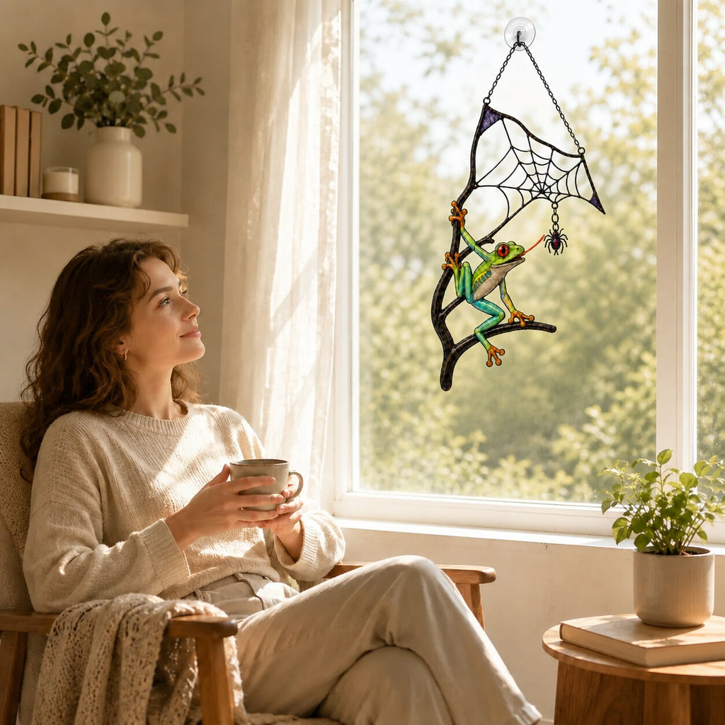 Red-Eyed Tree Frog & Spider Web Holographic Acrylic Suncatcher