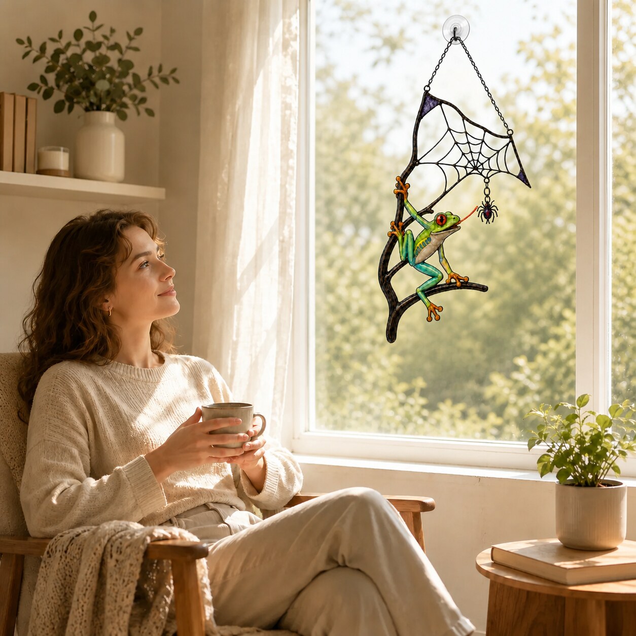 Red-Eyed Tree Frog & Spider Web Holographic Acrylic Suncatcher