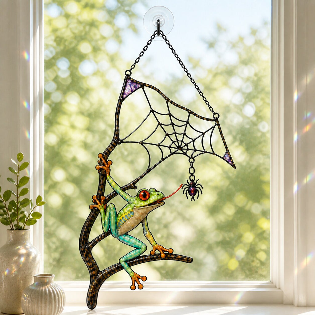 Red-Eyed Tree Frog & Spider Web Holographic Acrylic Suncatcher
